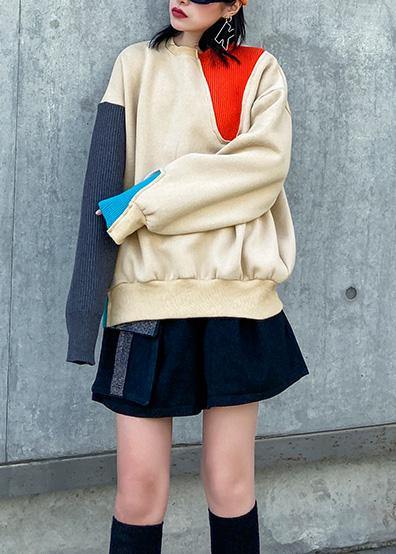 Loose thick cotton patchwork color blouses for women Wardrobes khaki blouse - SooLinen