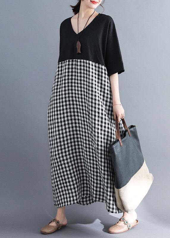 Loose v neck cotton clothes Women Shirts black patchwork Maxi Dresses summer - SooLinen