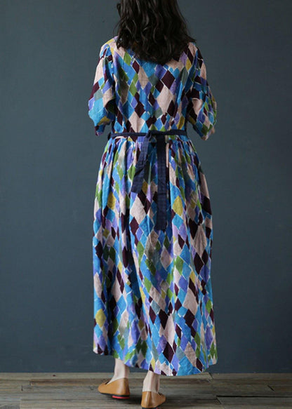 Loose v neck drawstring cotton summer dresses Sleeve plaid Maxi Dresses - SooLinen