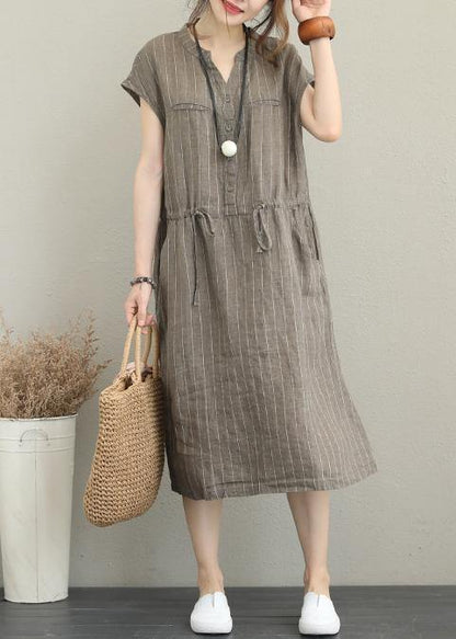 Loose v neck drawstring linen summer Robes Neckline kahki striped Dresses - SooLinen