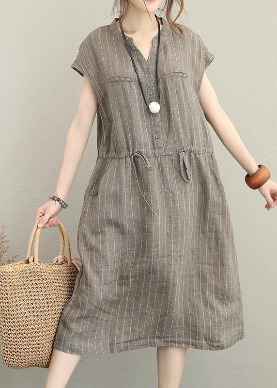 Loose v neck drawstring linen summer Robes Neckline kahki striped Dresses - SooLinen