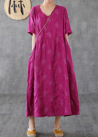 Loose v neck embroidery linen clothes For Women Sleeve rose Dresses - SooLinen