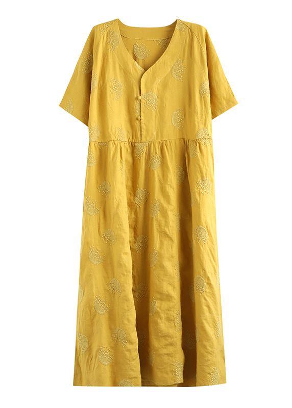 Loose v neck embroidery linen clothes For Women Sleeve rose Dresses - SooLinen