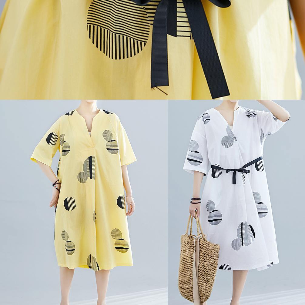 Loose v neck half sleeve linen Tunics Neckline white dotted Dress summer - SooLinen