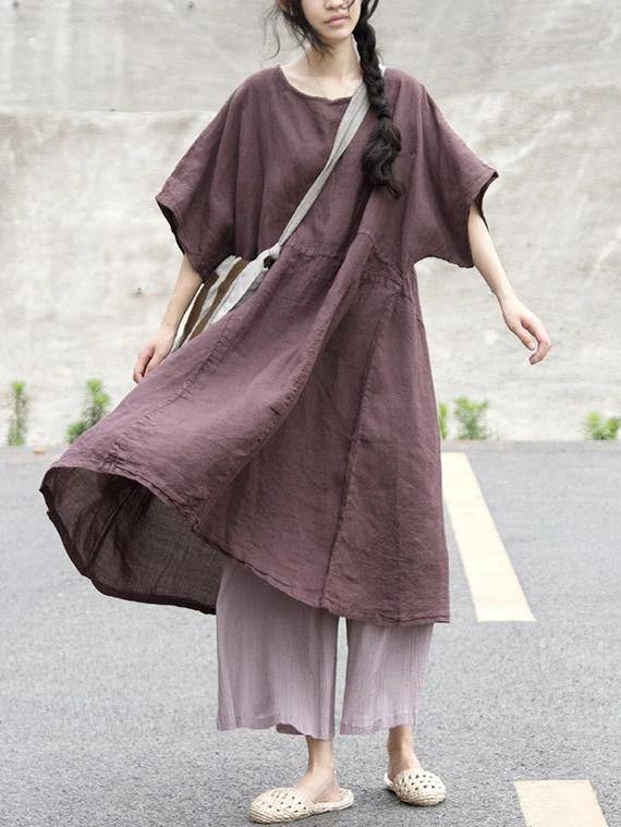 Loose v neck patchwork cotton linen clothes For Women Tutorials chocolate Dresses - SooLinen