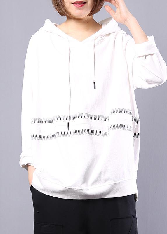 Loose white cotton Long Shirts hooded loose autumn shirt - SooLinen
