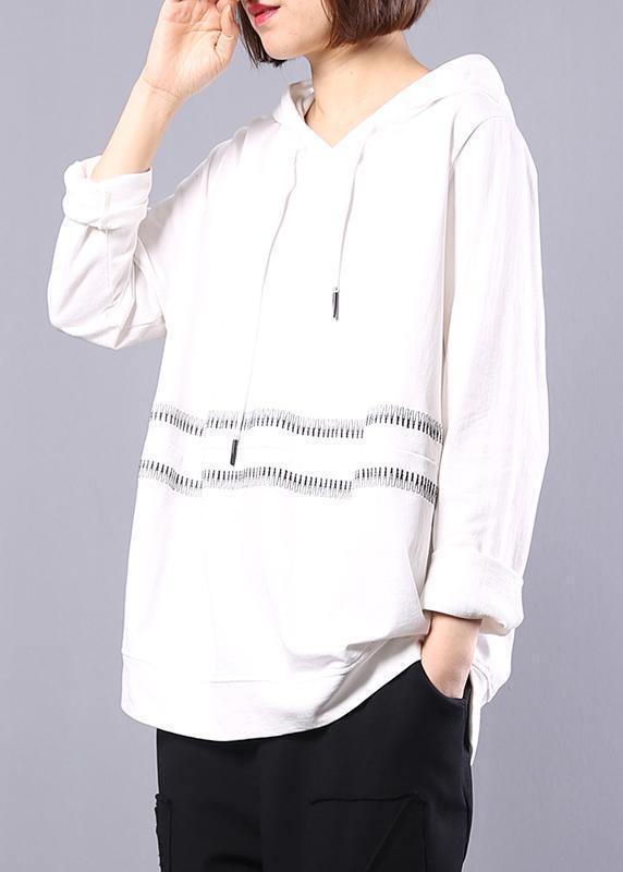 Loose white cotton Long Shirts hooded loose autumn shirt - SooLinen