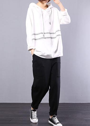 Loose white cotton Long Shirts hooded loose autumn shirt - SooLinen