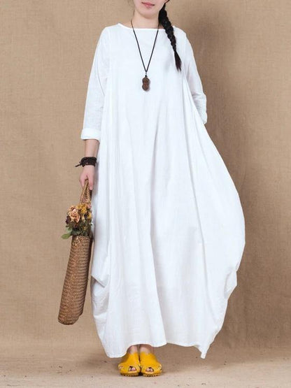 Loose white cotton linen dress o neck asymmetric A Line spring Dresses - SooLinen