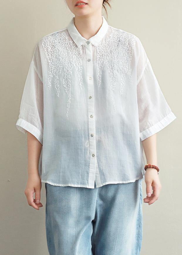 Loose white embroidery linen tops women blouses lapel half sleeve oversized top - SooLinen