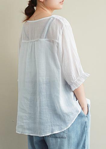 Loose white embroidery linen tops women blouses lapel half sleeve oversized top - SooLinen