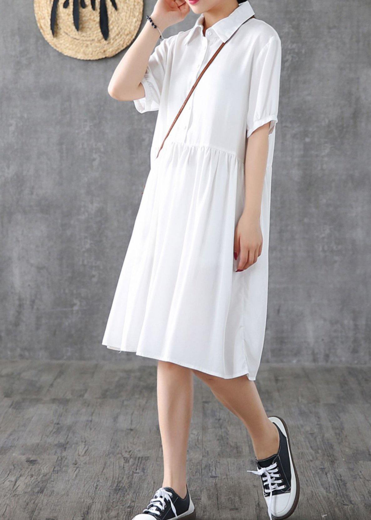 Loose white lapel Cinched Dress - SooLinen