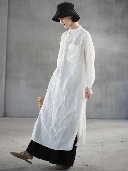 Loose white linen quilting clothes stand collar side open Art Dresses - SooLinen