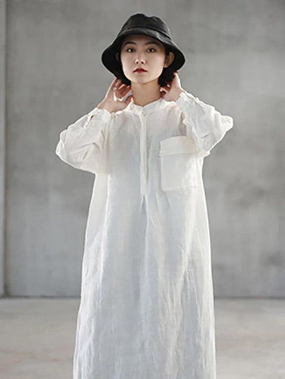 Loose white linen quilting clothes stand collar side open Art Dresses - SooLinen