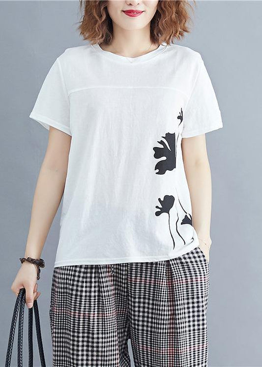 Loose white print cotton for women o neck daily summer tops - SooLinen
