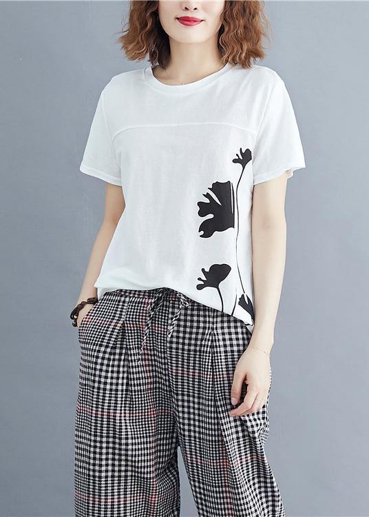 Loose white print cotton for women o neck daily summer tops - SooLinen