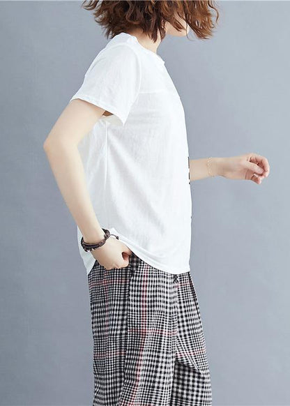 Loose white print cotton for women o neck daily summer tops - SooLinen