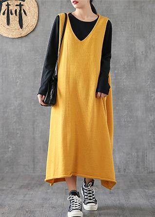 Loose yellow clothes Women v neck sleeveless loose Dress - SooLinen