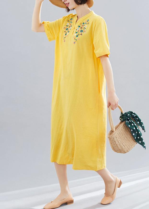 Loose yellow embroidery cotton clothes For Women v neck Dresses summer Dresses - SooLinen