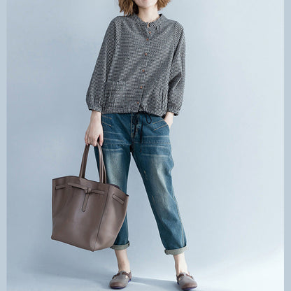 Lose gelbe Leinen Long Shirts Frauen Tutorials Langarm lose Stehkragen Blusen