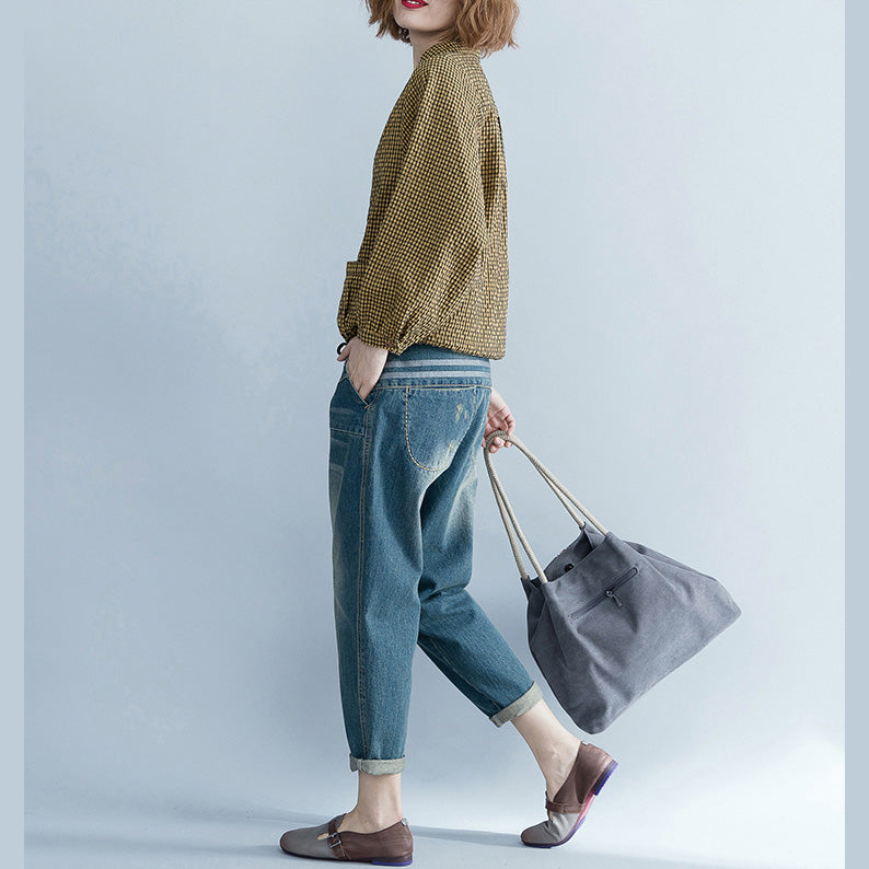 Lose gelbe Leinen Long Shirts Frauen Tutorials Langarm lose Stehkragen Blusen