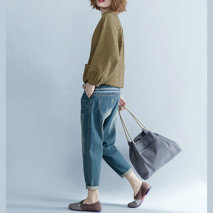 Lose gelbe Leinen Long Shirts Frauen Tutorials Langarm lose Stehkragen Blusen