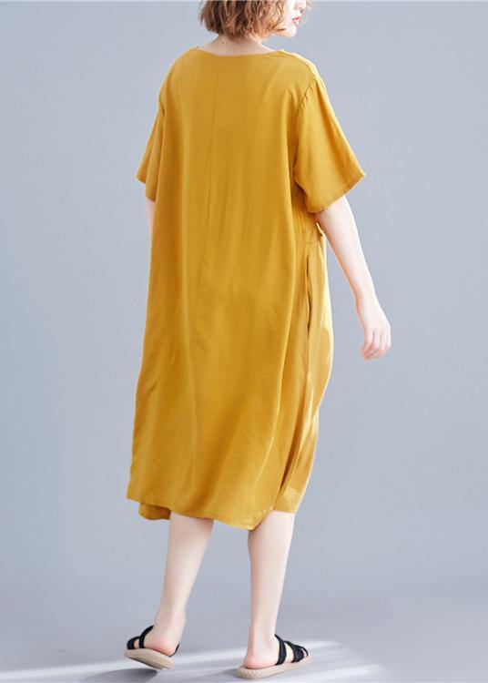 Loose yellow print cotton outfit o neck pockets long summer Dresses - SooLinen