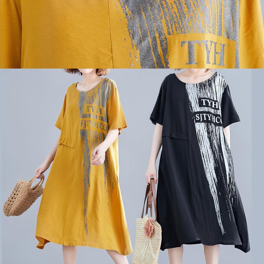Loose yellow print cotton outfit o neck pockets long summer Dresses - SooLinen