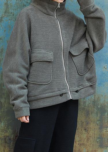 Loose zippered Fashion high neck casual coats women army green daily outwear - SooLinen