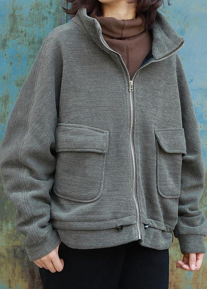 Loose zippered Fashion high neck casual coats women army green daily outwear - SooLinen