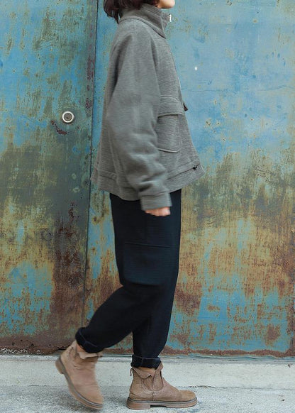 Loose zippered Fashion high neck casual coats women army green daily outwear - SooLinen