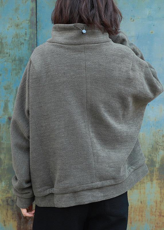 Loose zippered Fashion high neck casual coats women army green daily outwear - SooLinen