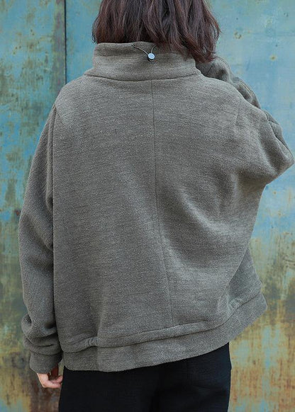 Loose zippered Fashion high neck casual coats women army green daily outwear - SooLinen