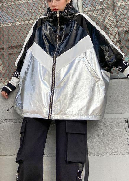 Loose zippered fine trench coat black patchwork silver silhouette jackets - SooLinen