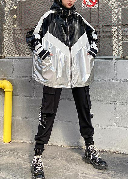 Loose zippered fine trench coat black patchwork silver silhouette jackets - SooLinen