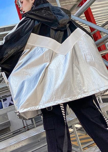Loose zippered fine trench coat black patchwork silver silhouette jackets - SooLinen