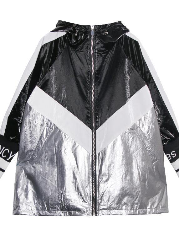 Loose zippered fine trench coat black patchwork silver silhouette jackets - SooLinen