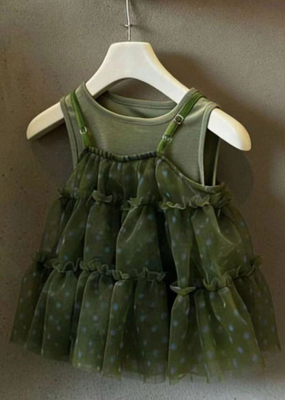 Lovely Green O-Neck Ruffled Dot Tulle Girls Long Dress Sleeveless