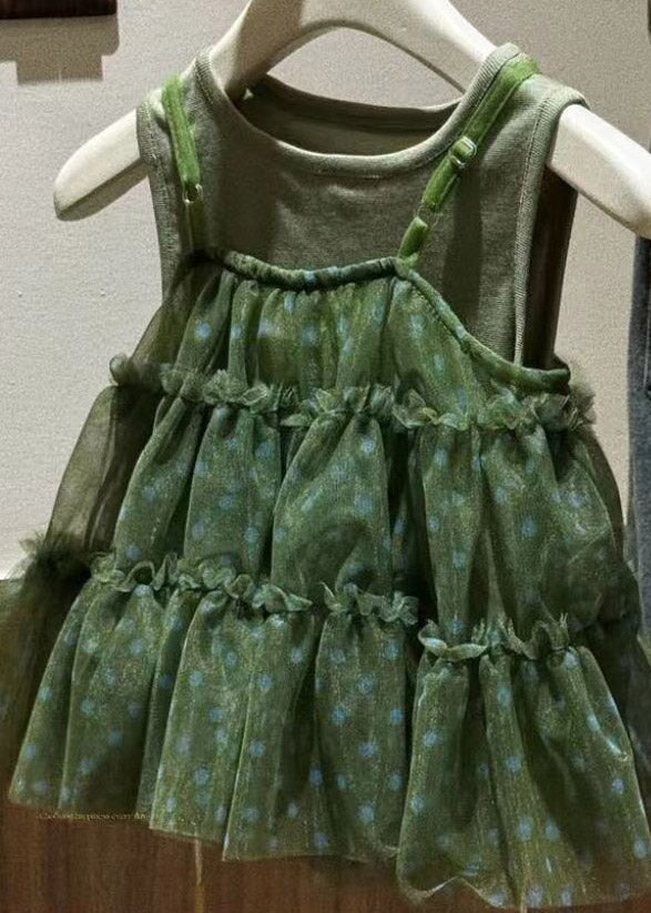 Lovely Green O-Neck Ruffled Dot Tulle Girls Long Dress Sleeveless