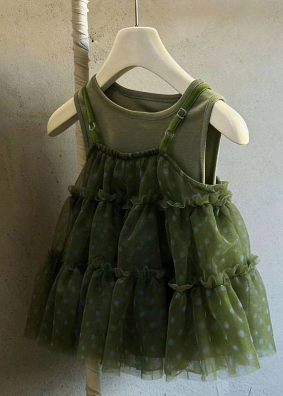 Lovely Green O-Neck Ruffled Dot Tulle Girls Long Dress Sleeveless