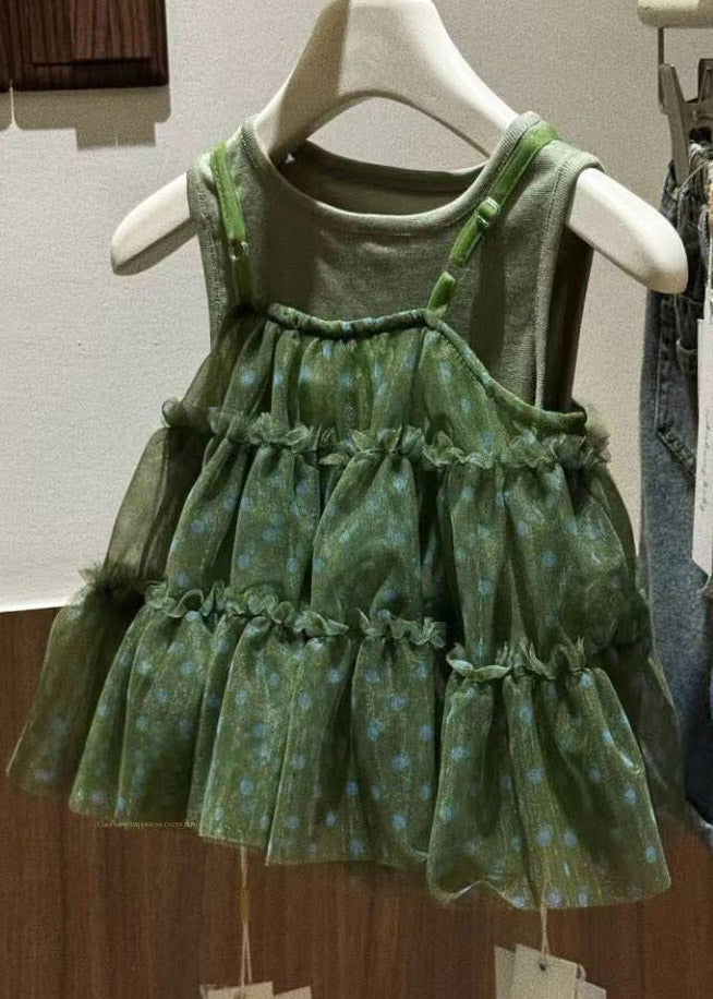 Lovely Green O-Neck Ruffled Dot Tulle Girls Long Dress Sleeveless