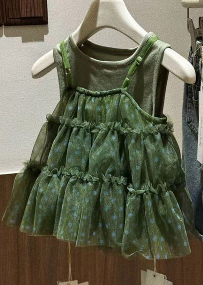 Lovely Green O-Neck Ruffled Dot Tulle Girls Long Dress Sleeveless