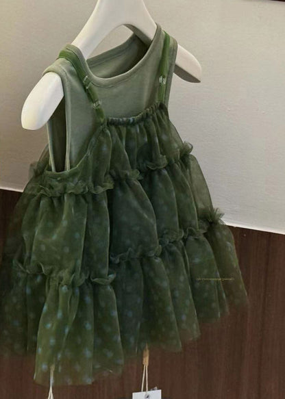 Lovely Green O-Neck Ruffled Dot Tulle Girls Long Dress Sleeveless