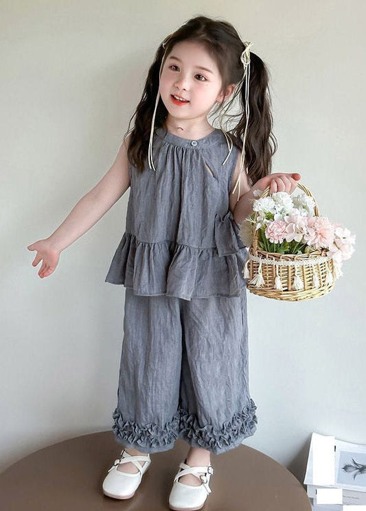 Lovely Grey Ruffled Patchwork Kids T Shirt And Crop Pants Two Piece Set Sleeveless