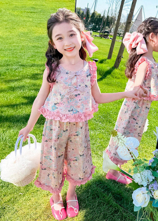Lovely Pink Print Ruffled Girls Top And Crop Pants Set Two Piece Set Summer