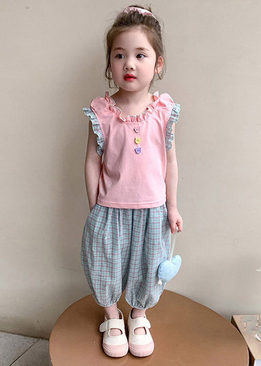 Lovely Pink Ruffled Patchwork Girls T Shirt And Crop Pants Two Pieces Set Summer