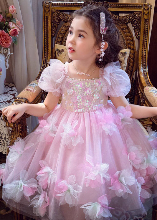 Lovely Pink Square Collar Floral Tulle Kids Maxi Dress Summer