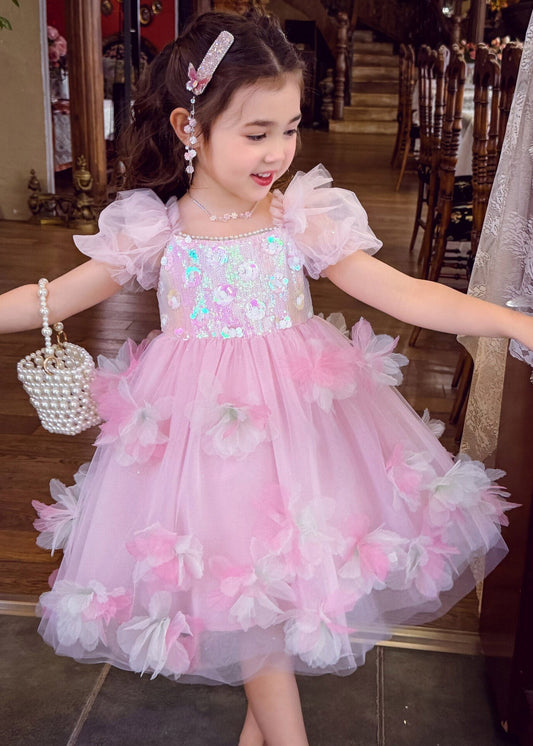 Lovely Pink Square Collar Floral Tulle Kids Maxi Dress Summer