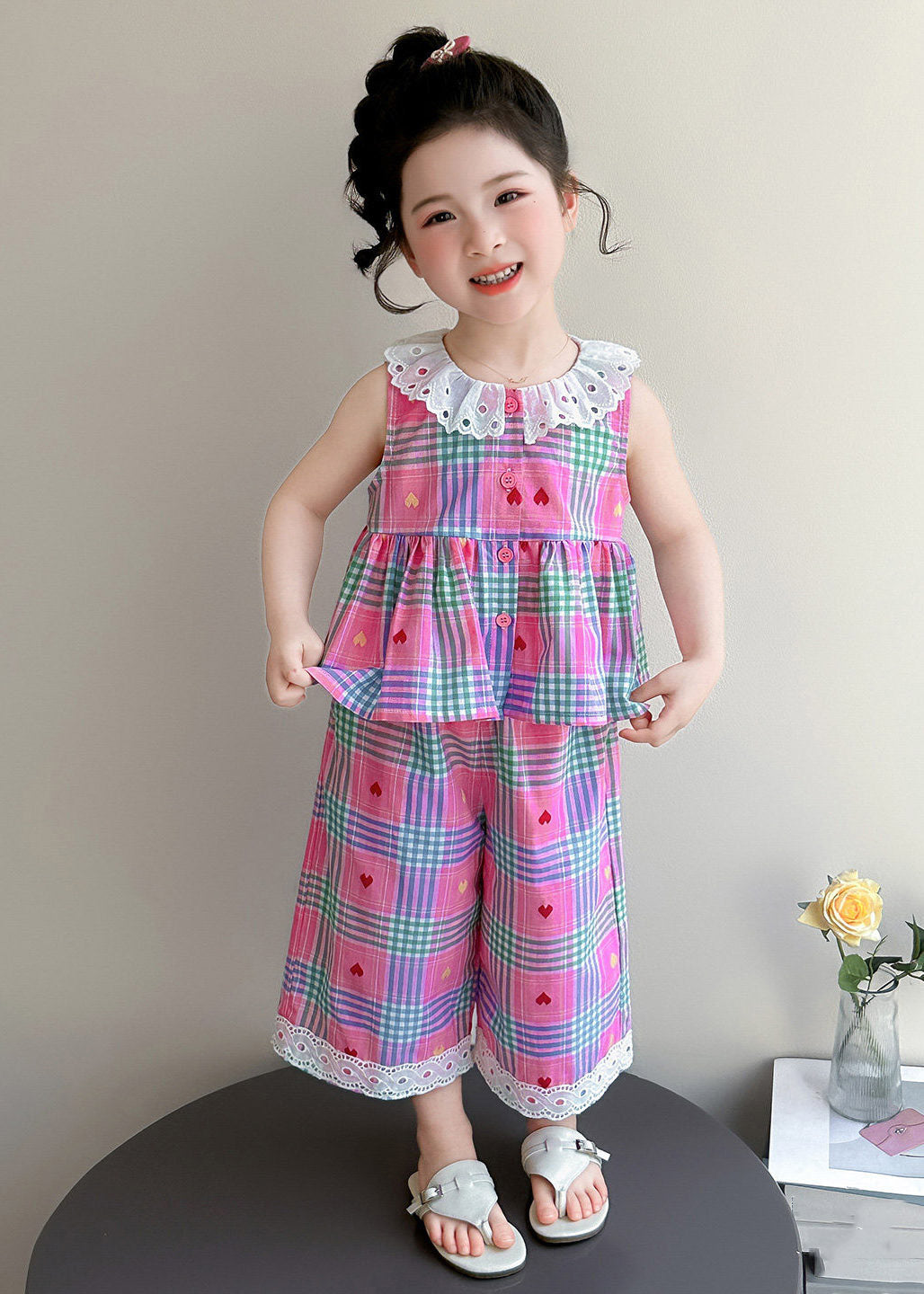 Lovely Pink Striped Patchwork Girls T Shirt And Wide Leg Pants Two Piece Set Sleeveless