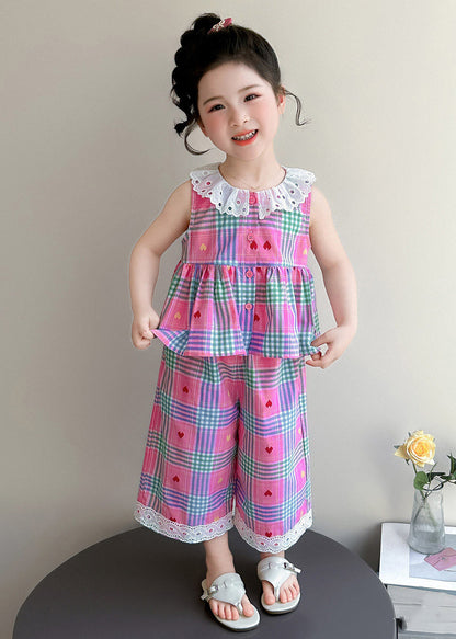 Lovely Pink Striped Patchwork Girls T Shirt And Wide Leg Pants Two Piece Set Sleeveless